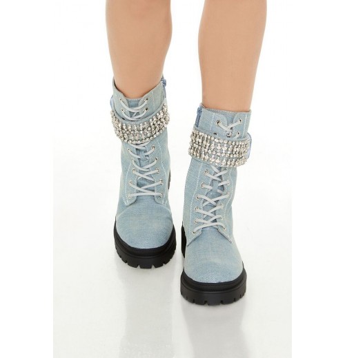 Denim Faux Gem Combat Boots Denim Faux Gem Combat Boots