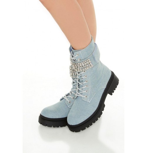 Denim Faux Gem Combat Boots Denim Faux Gem Combat Boots