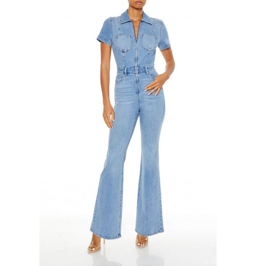 Denim Zip-Up Flare Jumpsuit
