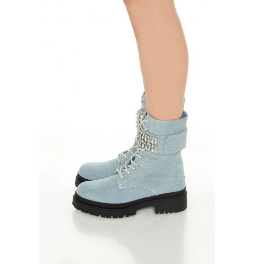 Denim Faux Gem Combat Boots Denim Faux Gem Combat Boots